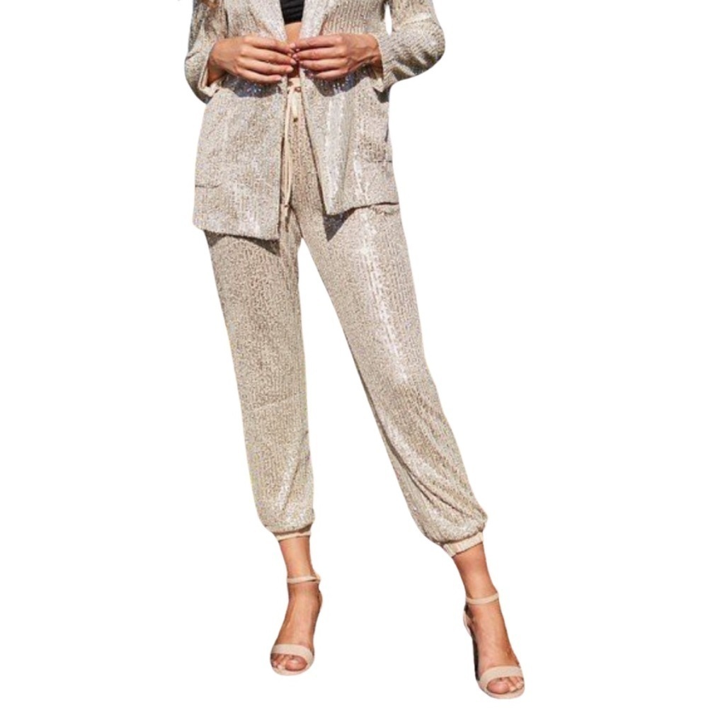 Elegant Sequin Jogger Pants - Beige - Picture 2 of 8